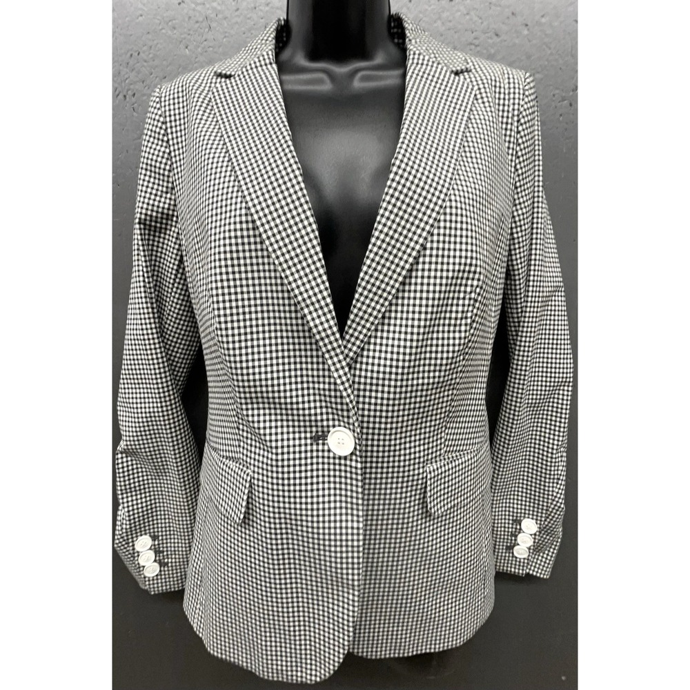 Talbots Blazer Jacket 6 Black White Gingham Check Cotton Stretch Preppyβ Classic